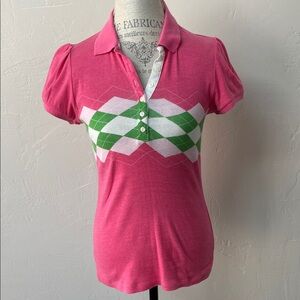 4/$20 Pink Button Down Golf Shirt with Green Argyle